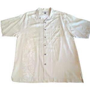 Tommy Bahama Mens XL 100% Silk Camp Hawaiian Shirt Beige Tropical Resort Logo